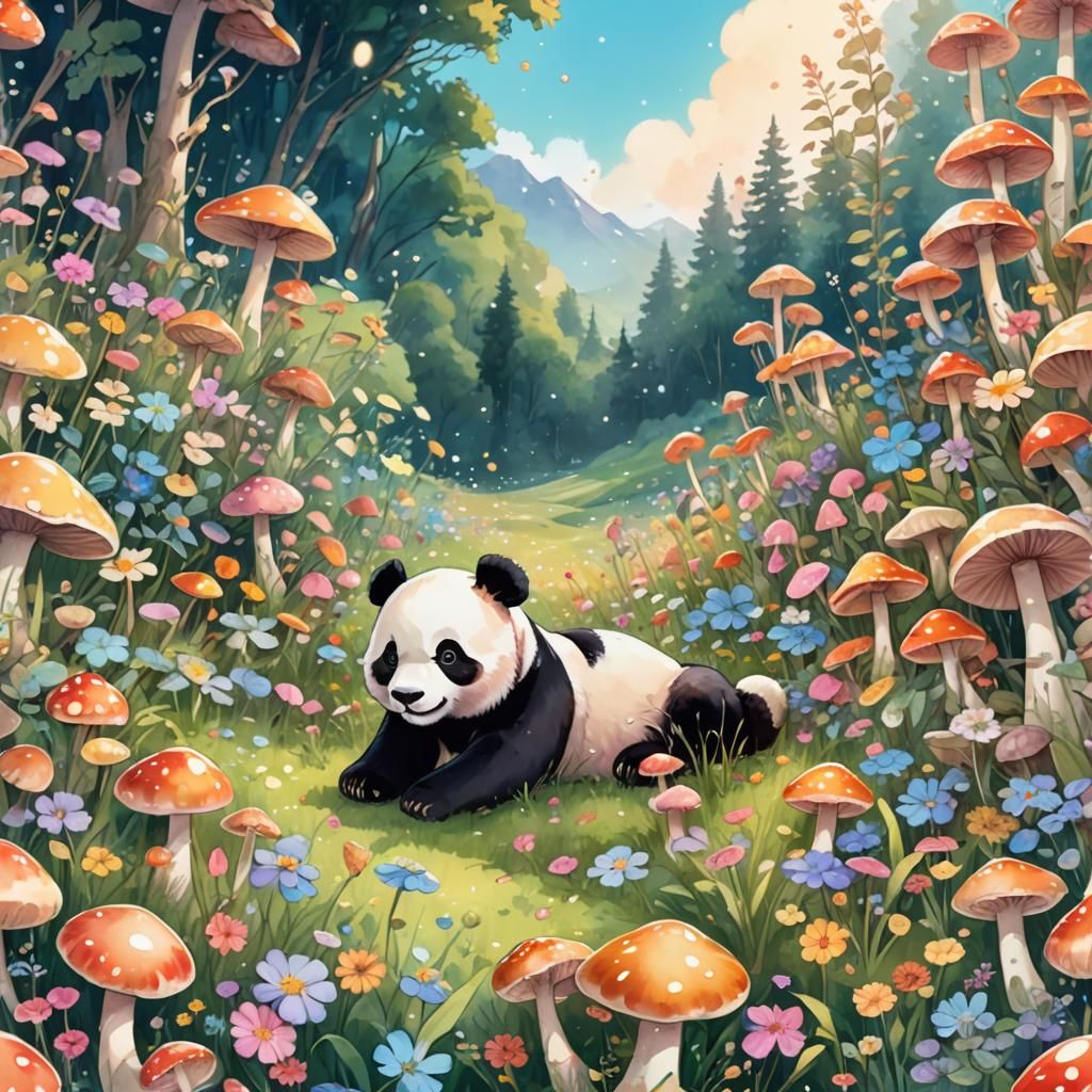 Panda in Pastel Kawaii Anime Meadow