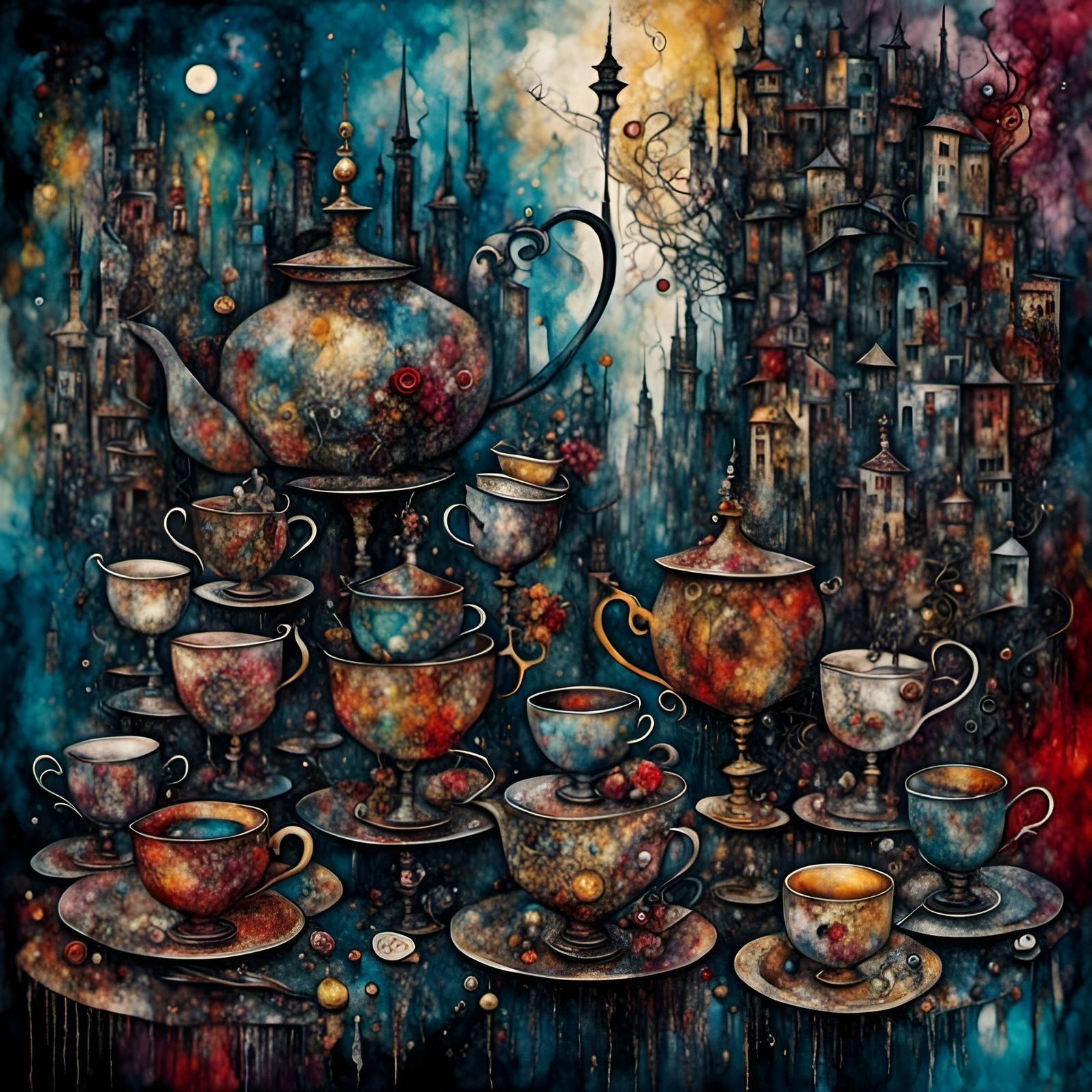 Fantasy Tea Party in Mixed Media Collage