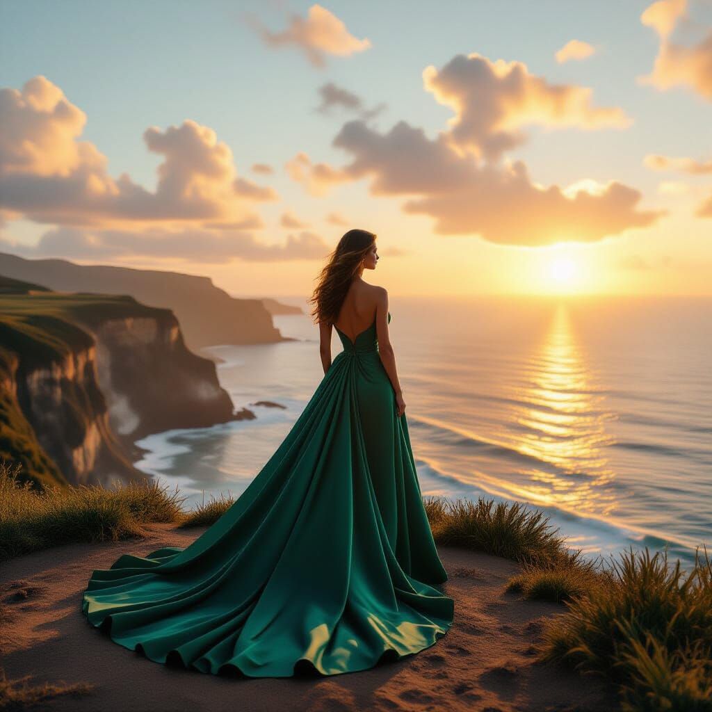 Woman in Emerald Gown Overlooks Opulent Ocean at Sunset