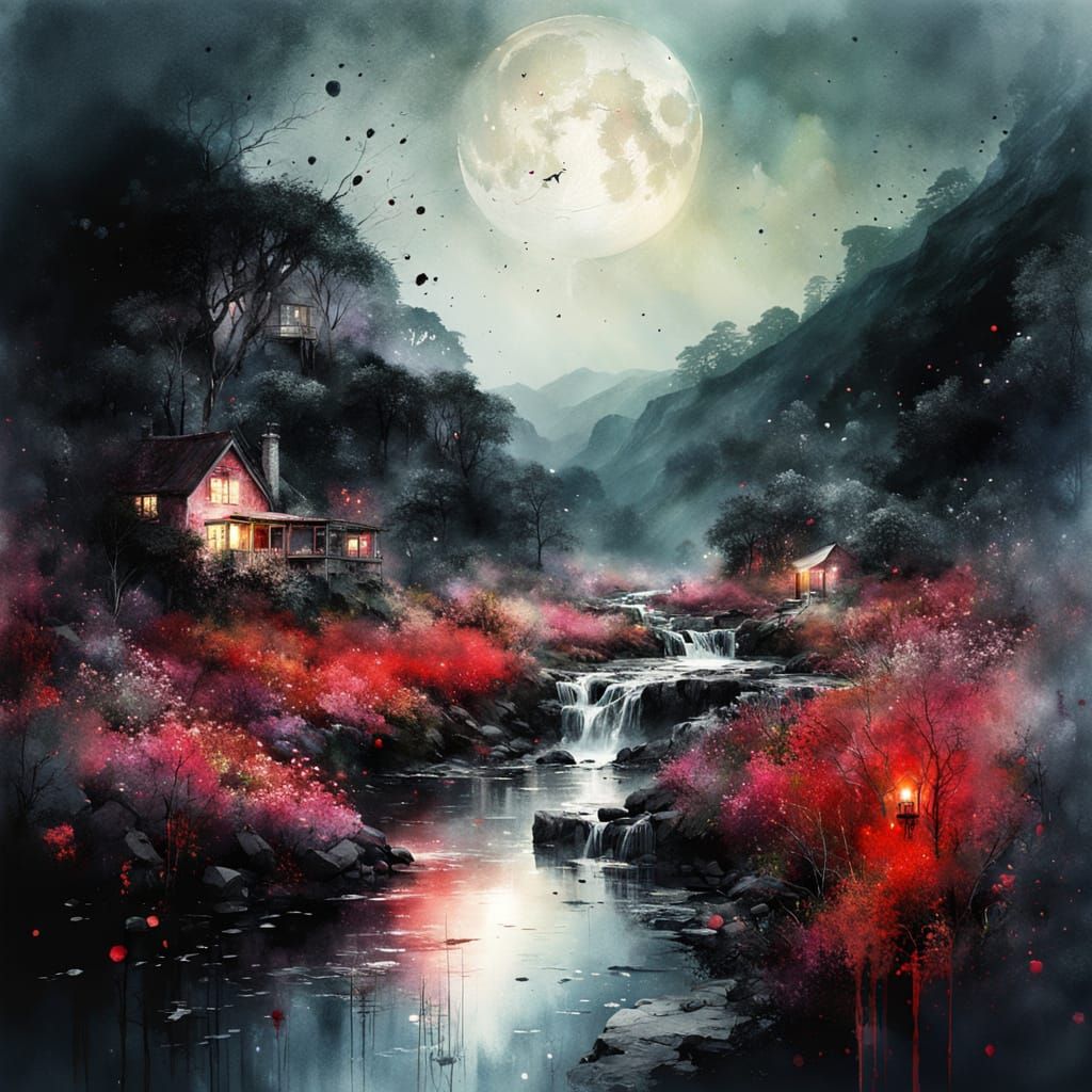 Dreamlike Watercolor Ink Splatter Art with Moonlit Summersca...