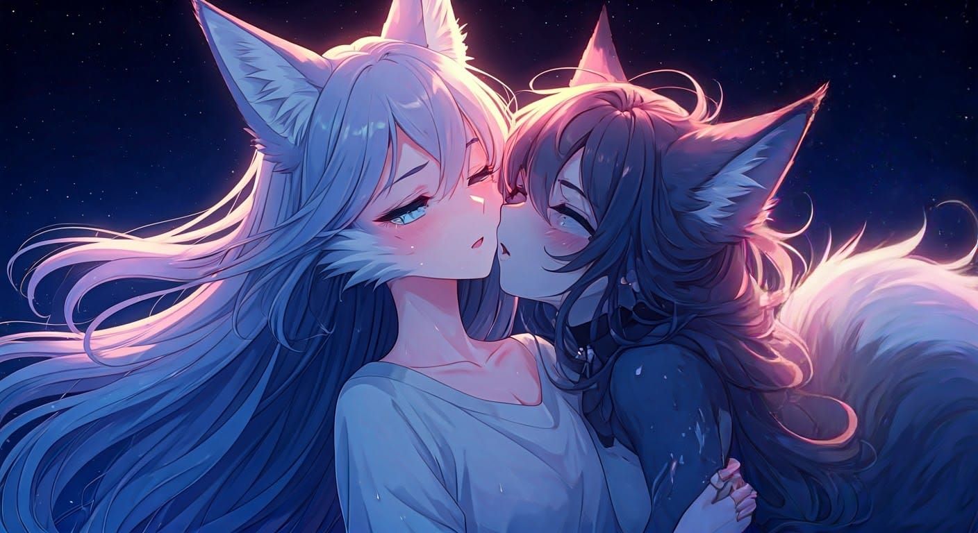 Passionate Furry Foxes Embrace in Anime Pastel Style