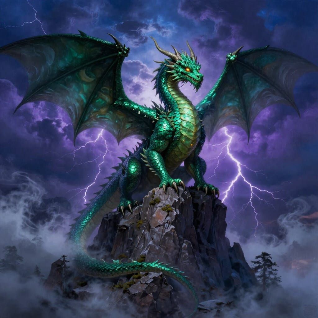 Majestic Emerald Dragon on Mountain Peak