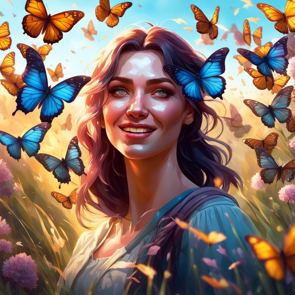 A young woman excited and in love surrounded by butterflies ...