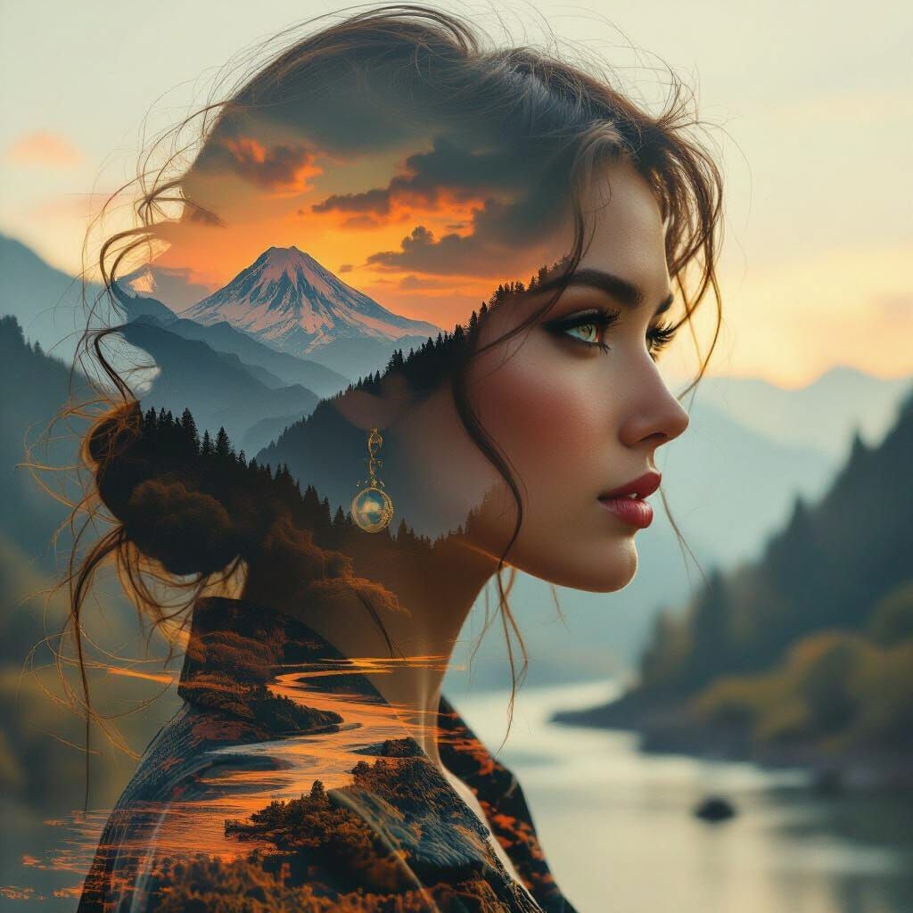 Double exposure photography; side profile portrait of a Mysterious Woman Pin-up in bioluminescent ruby glow, multilayere...