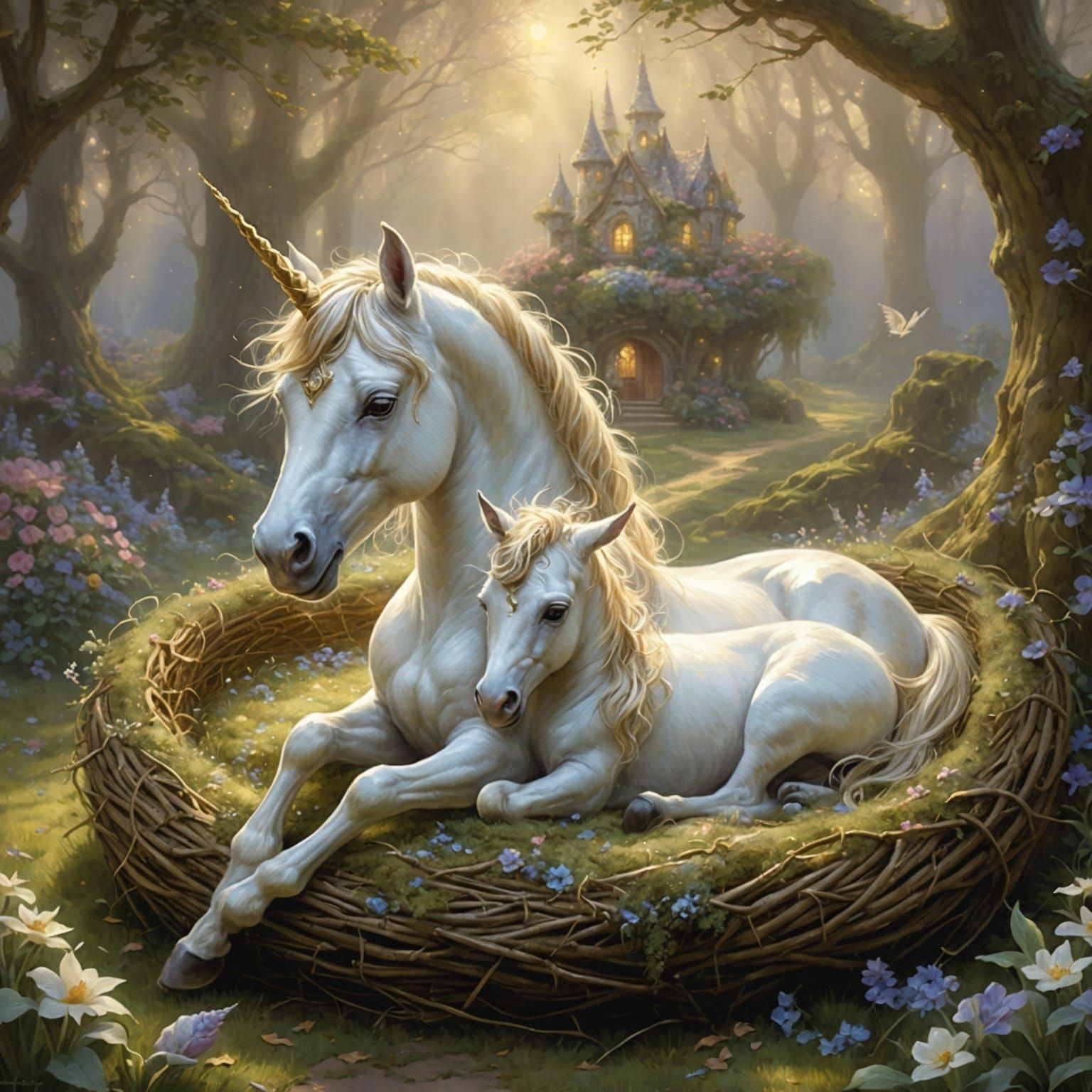 Golden Baby Unicorn Asleep in Nest, Ethereal Fantasy