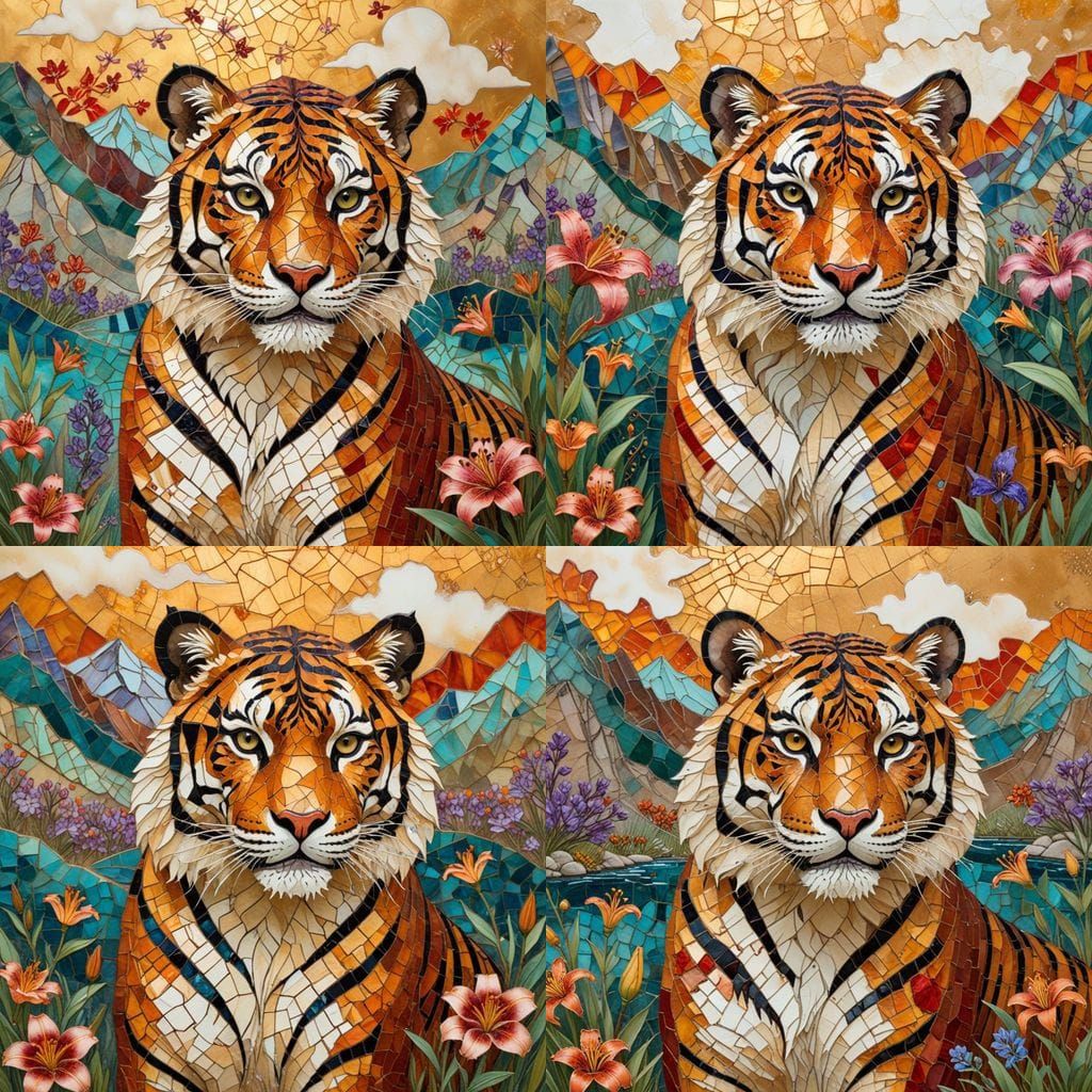 Cute Fierce Tiger in Vibrant Kintsugi-Inspired Landscape
