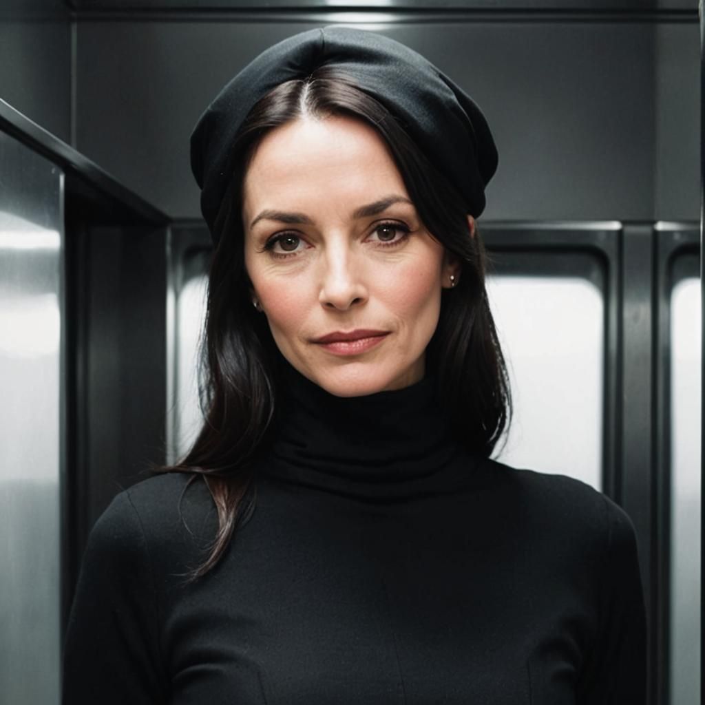 Elegant Woman with Tichel Riding Elevator