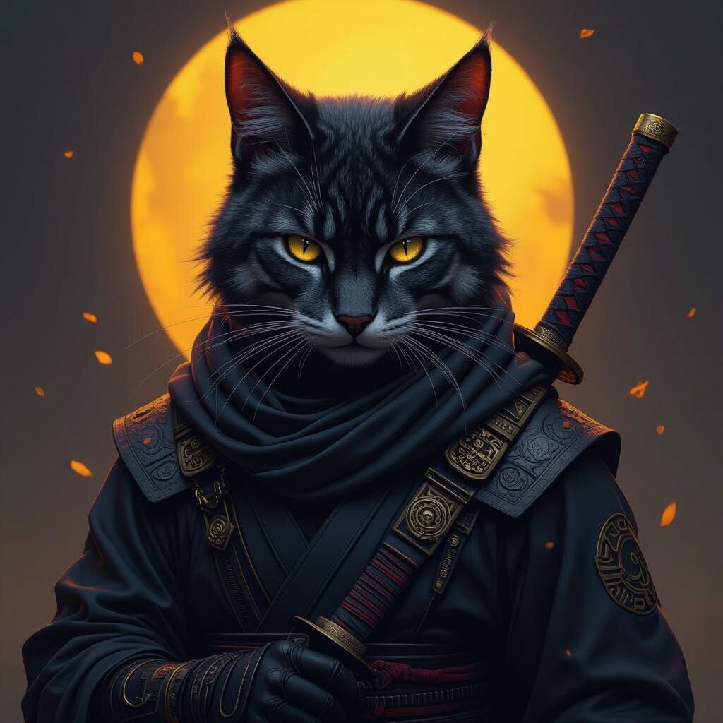 Cat Wolf Ninja Fusion in Dark Fantasy Style