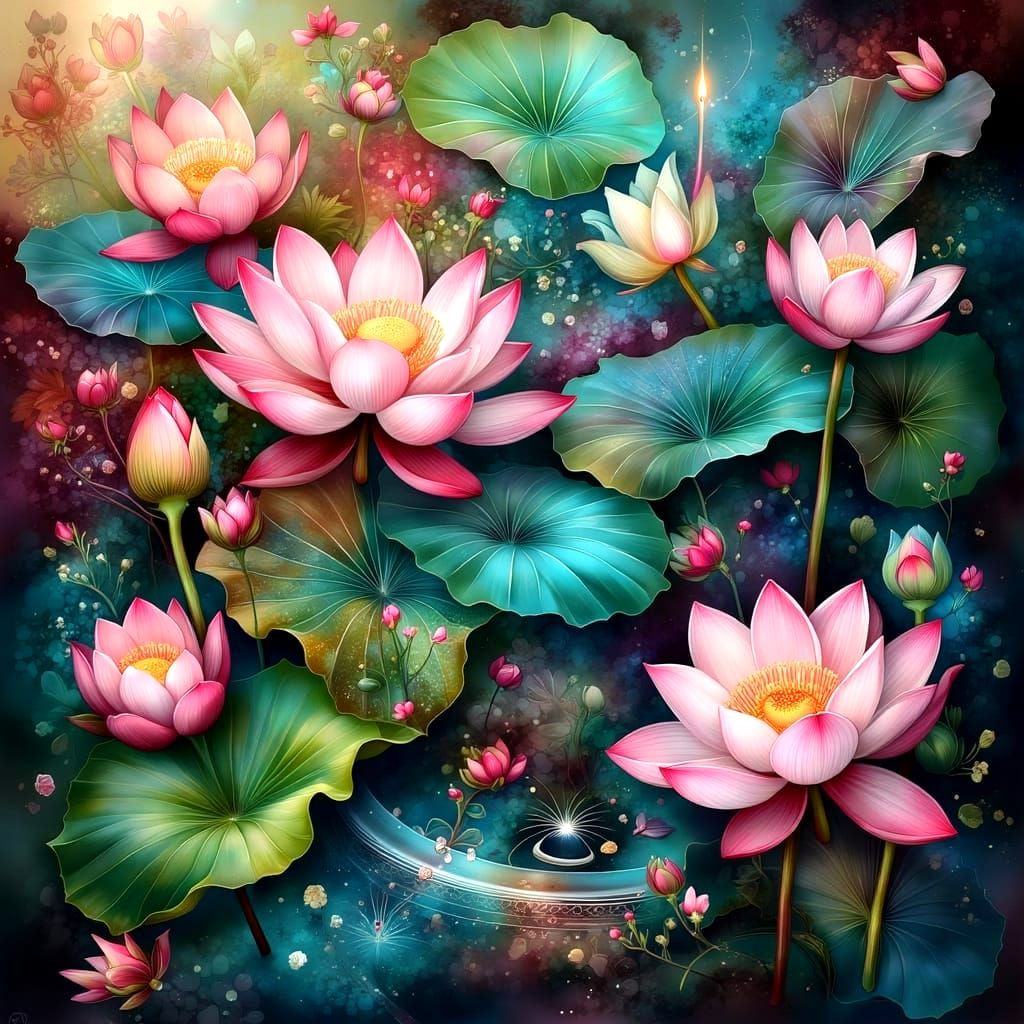 Surreal Whirlwind Landscape with Lotus Blooms in Vibrant Ani...