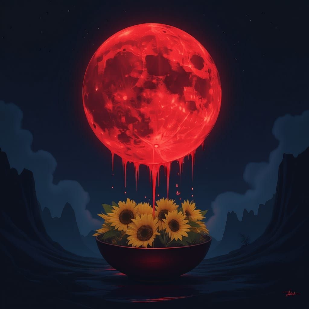 Crimson Moon Drops Fall into Void in Dark Fantasy Nightscape