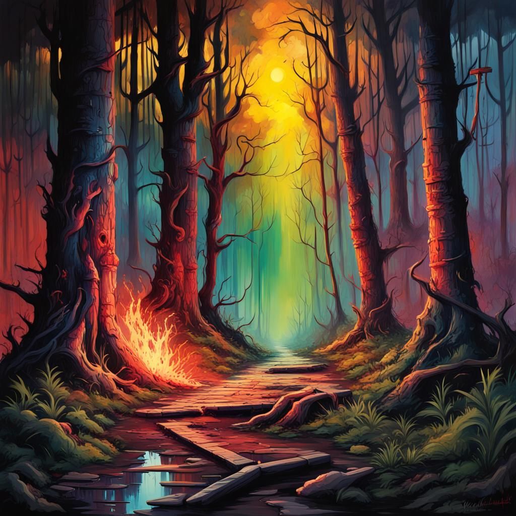 Vengeful Night Forest Scene in Graffiti Art Style