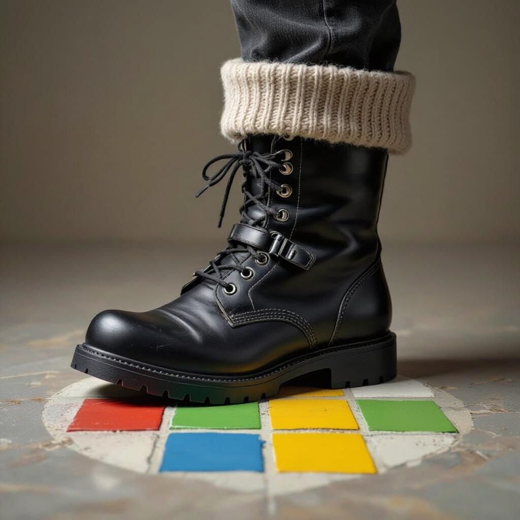Giant Boot Crushing Microsoft Logo in Photorealistic Style
