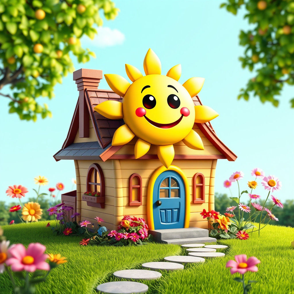 Charming House with Smiling Sun, 3D Cartoon Illustration