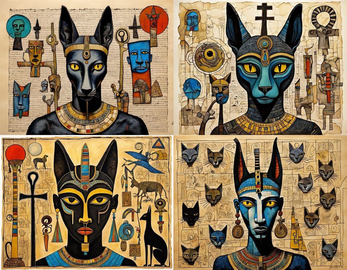 Egyptian Mythical Scene in Mixed Media Collage