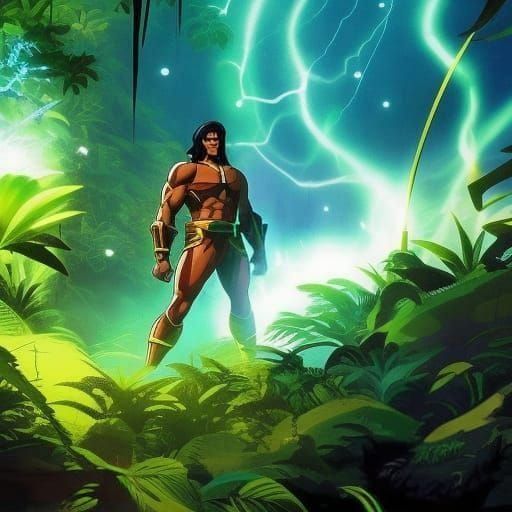 Thundar the Barbarian in Jungle Clearing, Anime Style