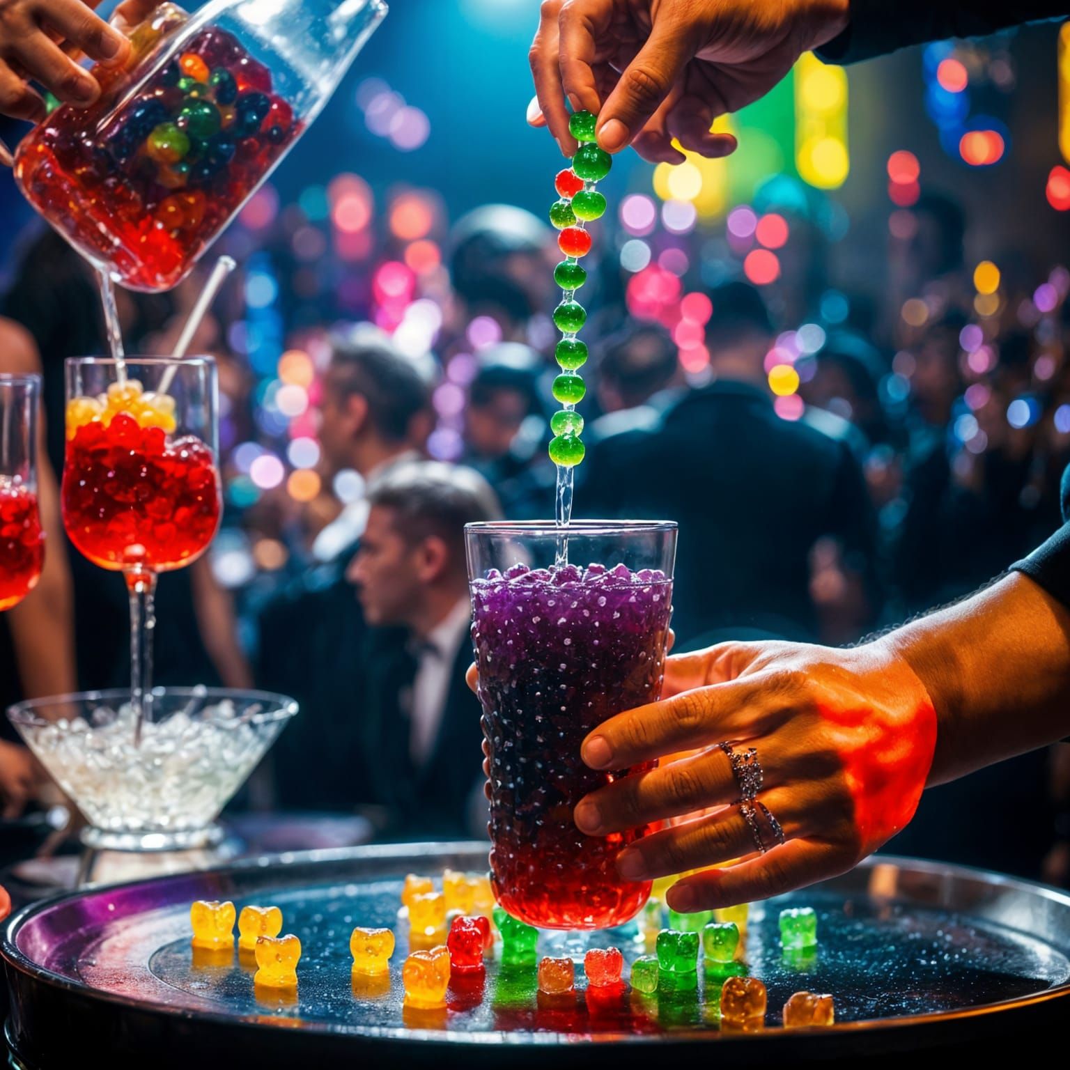 Gummy Bear Drinks Boba at Nightclub: Digital Art