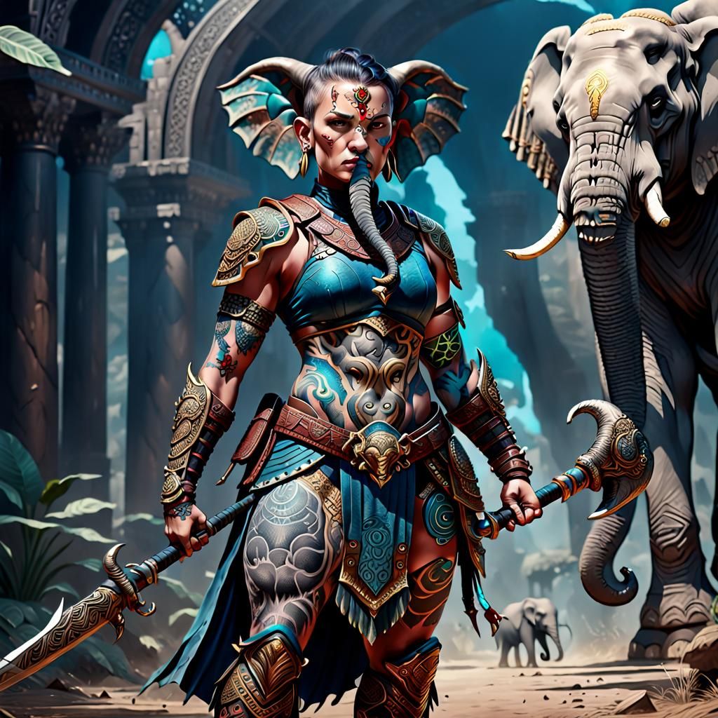 Elephant-Headed Warrior Woman in Detailed Matte Painting