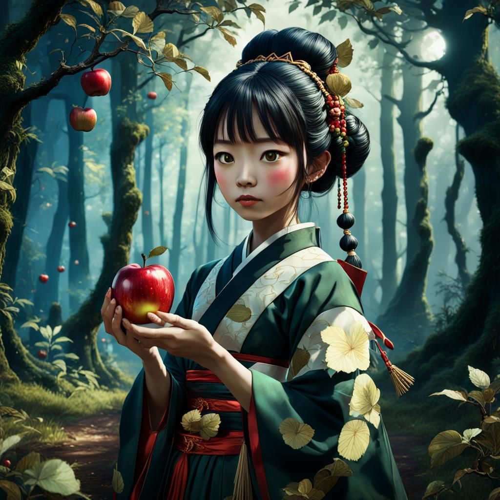 Japanese Girl with Apple in Fantasy Forest