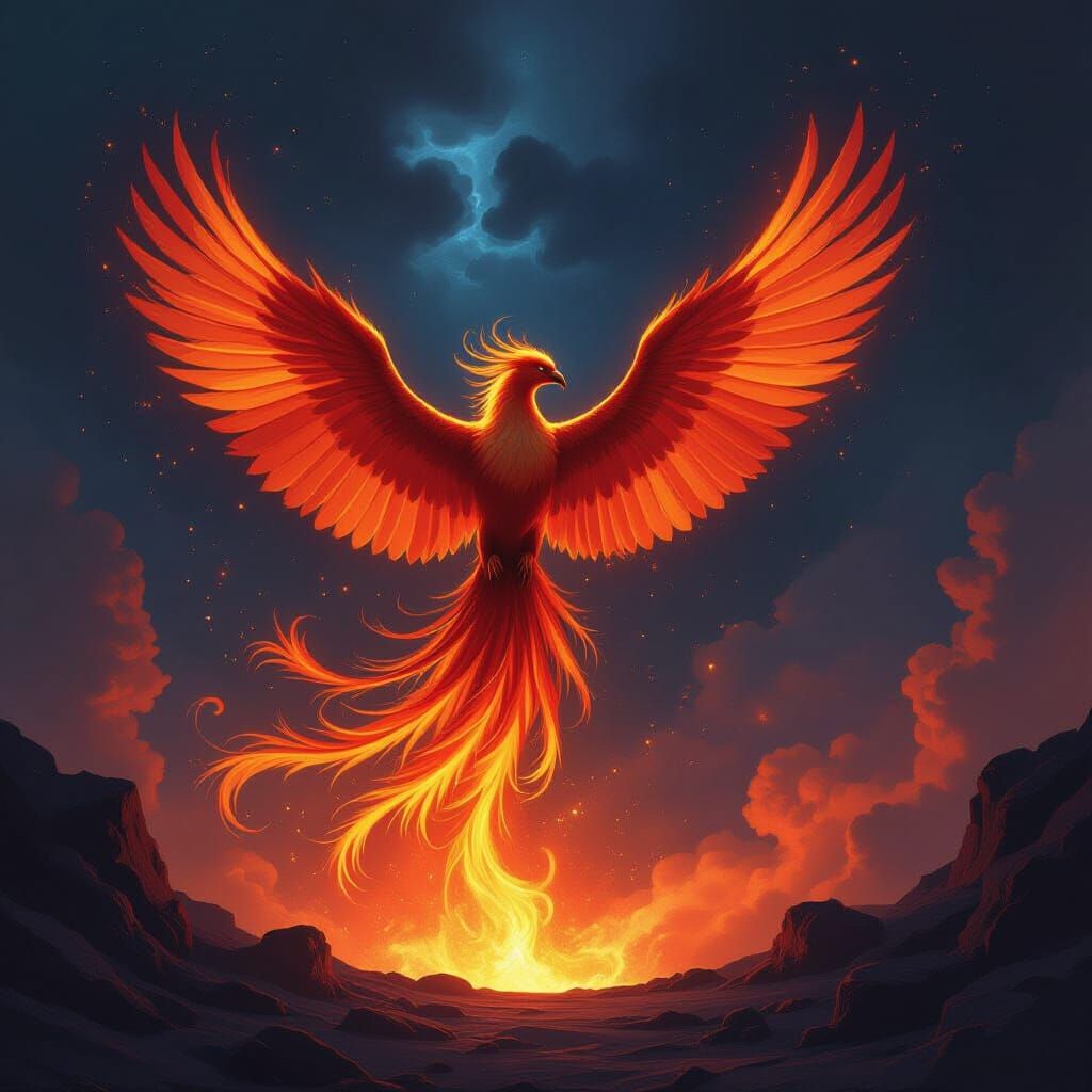 Phoenix Rises From Volcano Amidst Cosmic Nebula