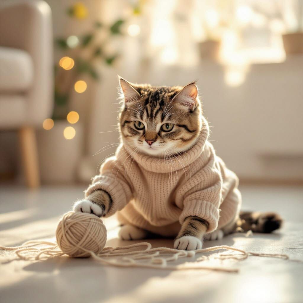 Cute Cat Rolls Yarn in Golden Hour Light