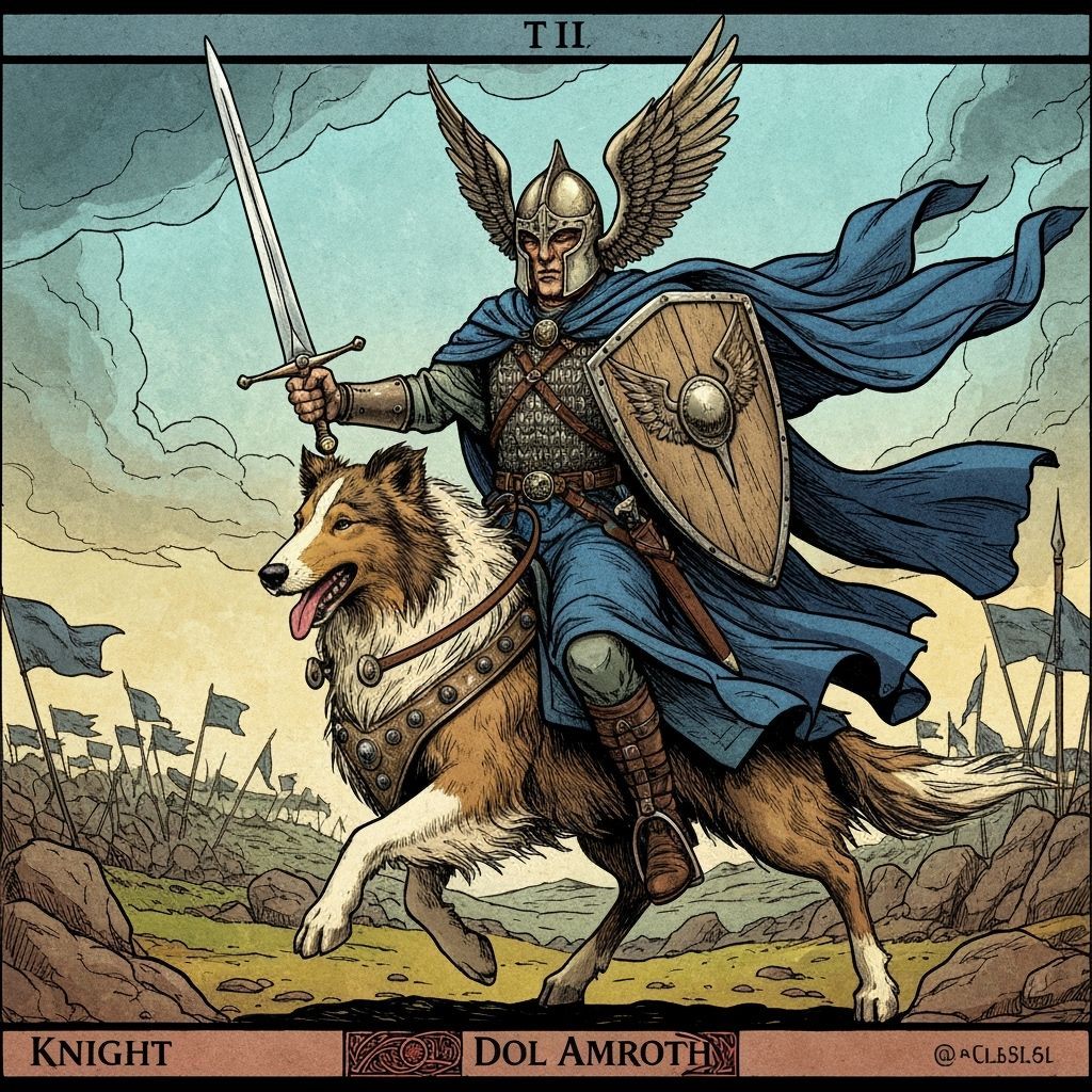 Knight of Dol Amroth on Welsh Collie in Tarot Style