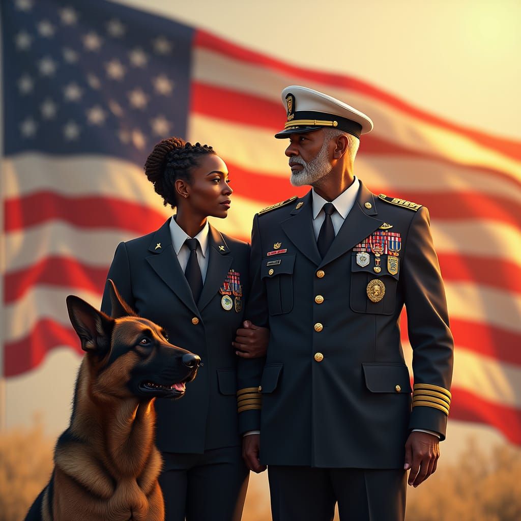 Regal Veteran Couple with Service Dog Amidst Patriotic Splen...