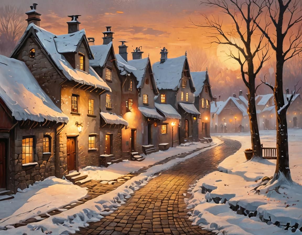 Winter Village Alley in Cold Sunset, Acrylic Painting
