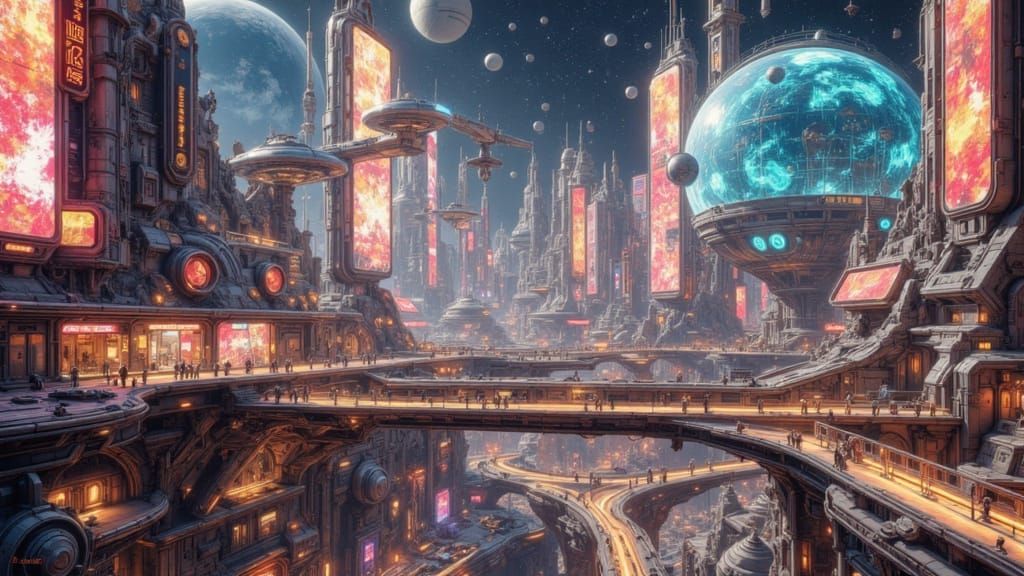 Futuristic Martian City with Glass Structures and Holographi...