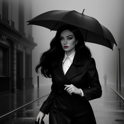 Film Noir Woman Walking in Rainy London Street