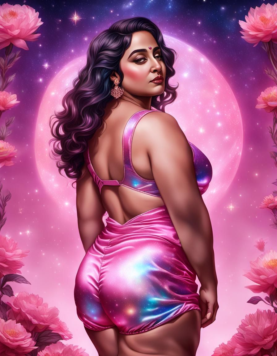 Curvy Goddess in Pink Satin: Holographic Cosmic Illustration