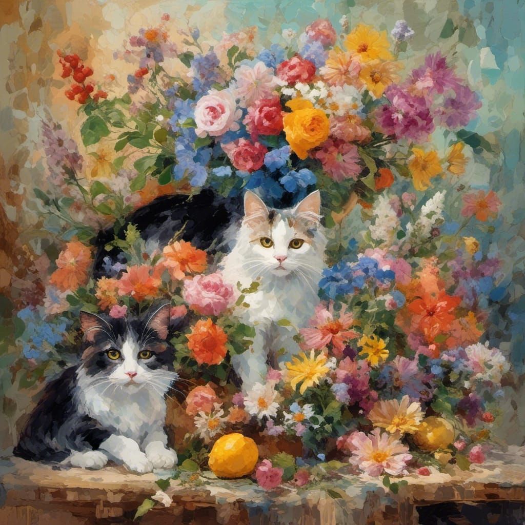 Cats in Floral Arrangement Gouache Watercolor Painting