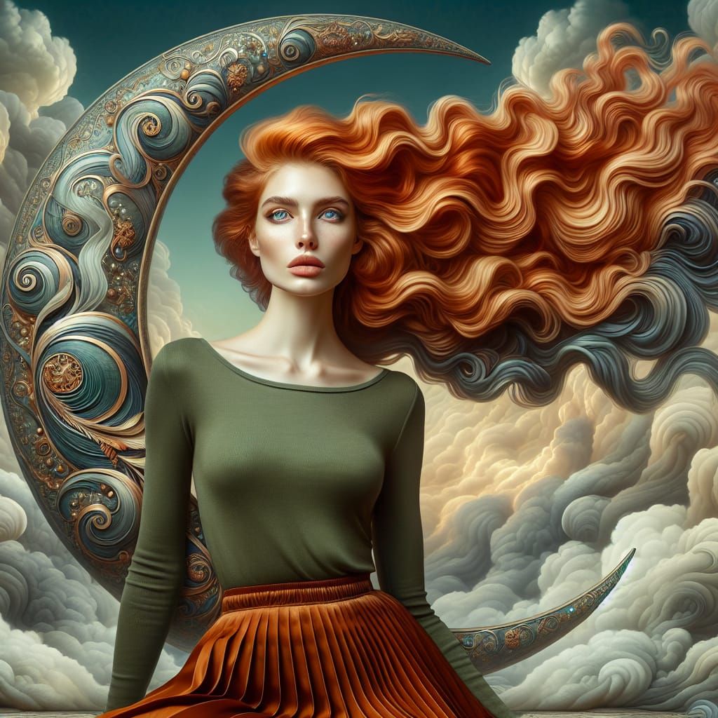 Woman on Jeweled Moon in Art Deco Style