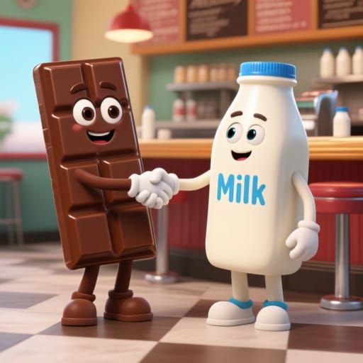 Personified Chocolate Bar Shakes Hands with Milk Bottle