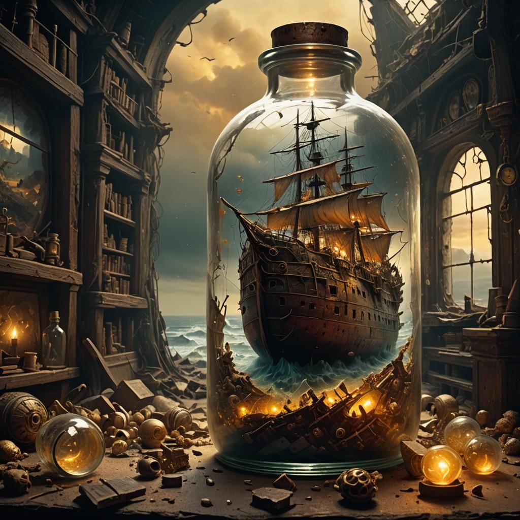 Wrecked Ship in a Bottle: Surreal Fantasy Art