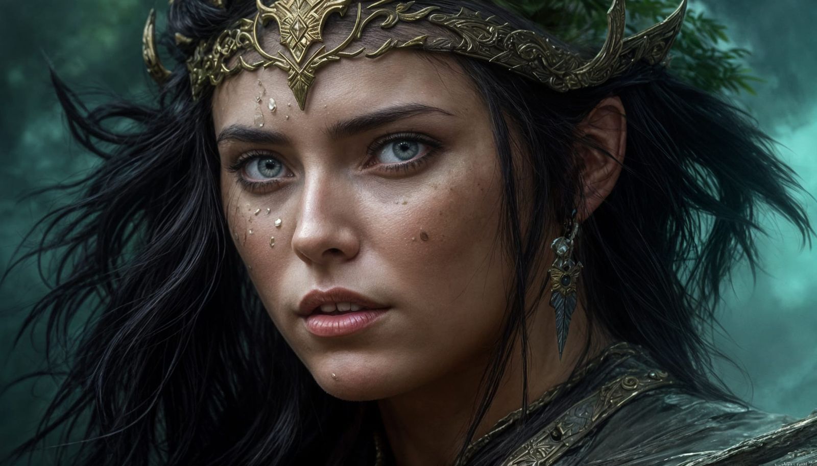 Female Warrior Overlooking Mystical Forest as Oil Painting