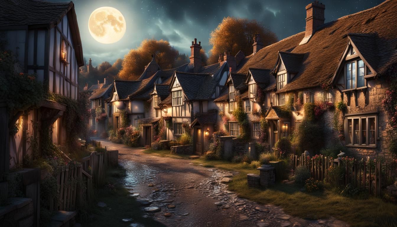English Village at Night: Hyperrealistic Digital Painting