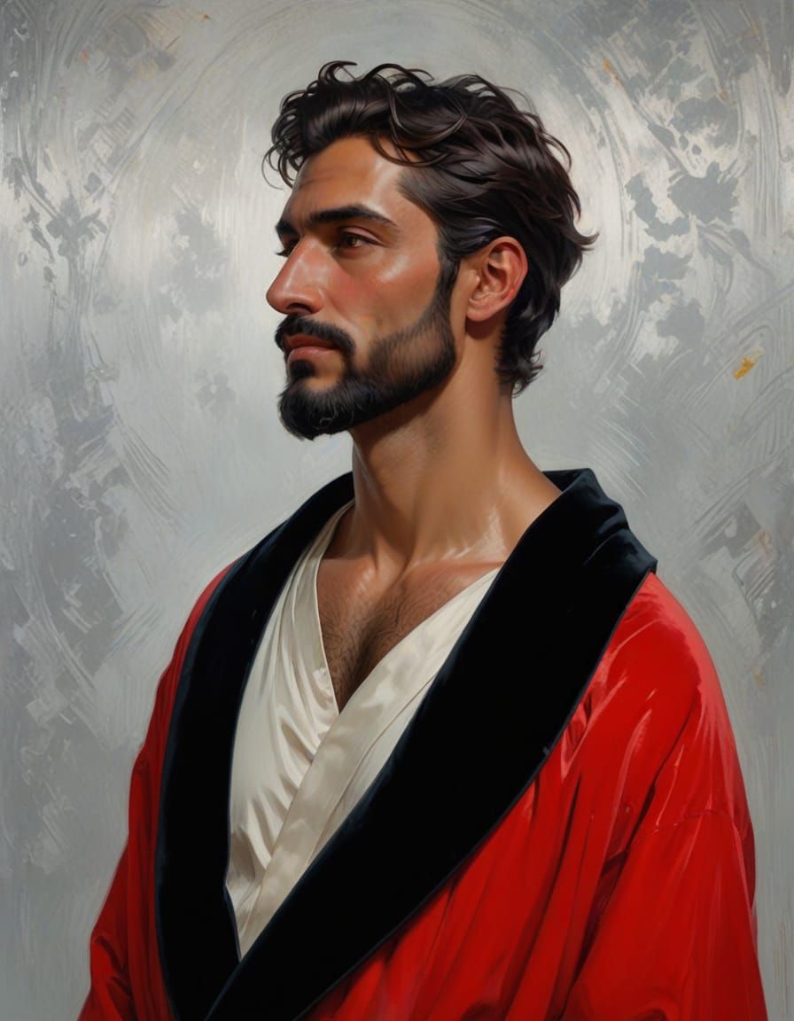 Handsome Man in Carmine Velvet Robe, Impressionist Style