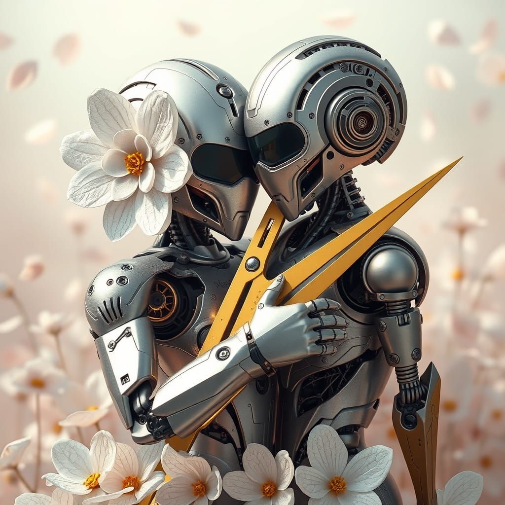 Robots in love. One robot is made of silver flower, one robo...