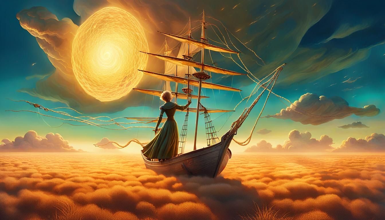 Alien Sails a Ship in Surreal Golden Hour