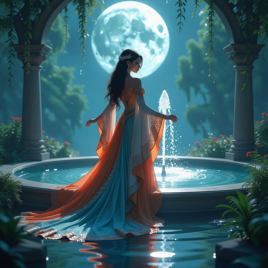 Mystical Princess in Moonlit Garden, Art Nouveau Style