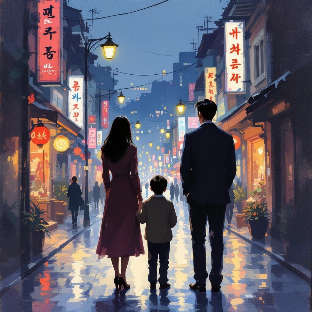 Tall Korean Woman Protects Man on Seoul Street at Twilight