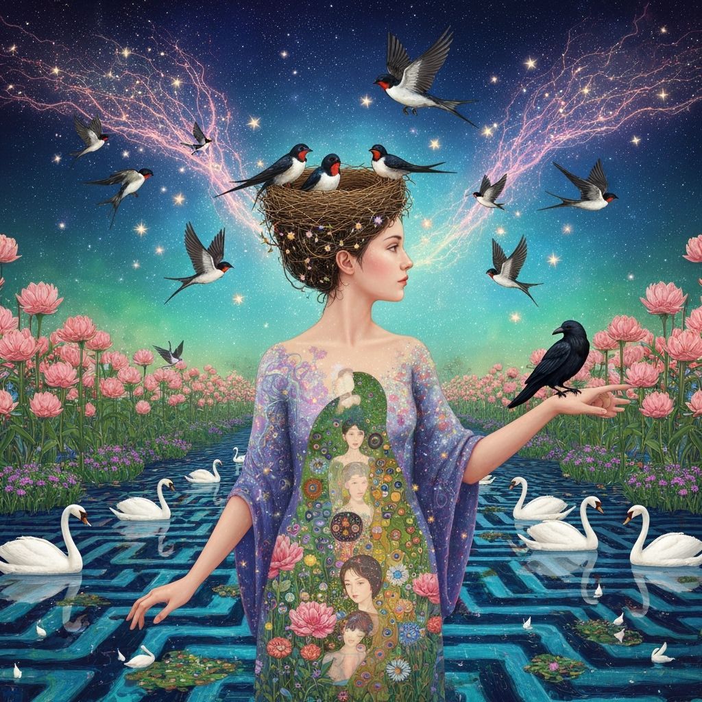 Ethereal Woman Dissolving into Birds, Cosmic Transformation