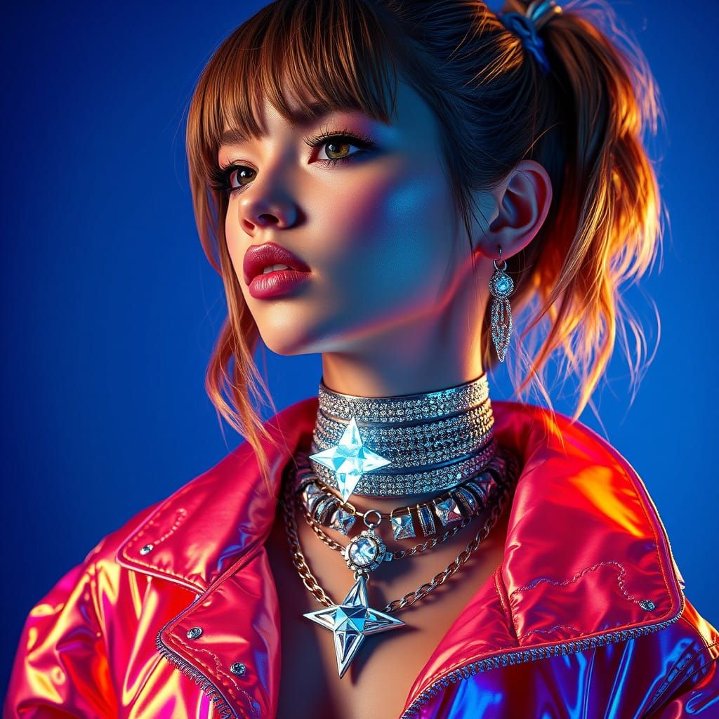 Glowing Teenage Girl in Electric Blue, High-Fashion Ensemble