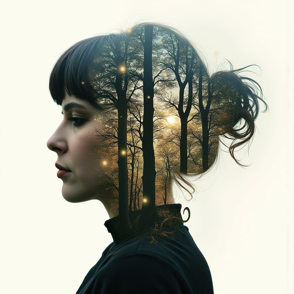 Surreal Forest Goddess Silhouette Artwork in Double Exposure...