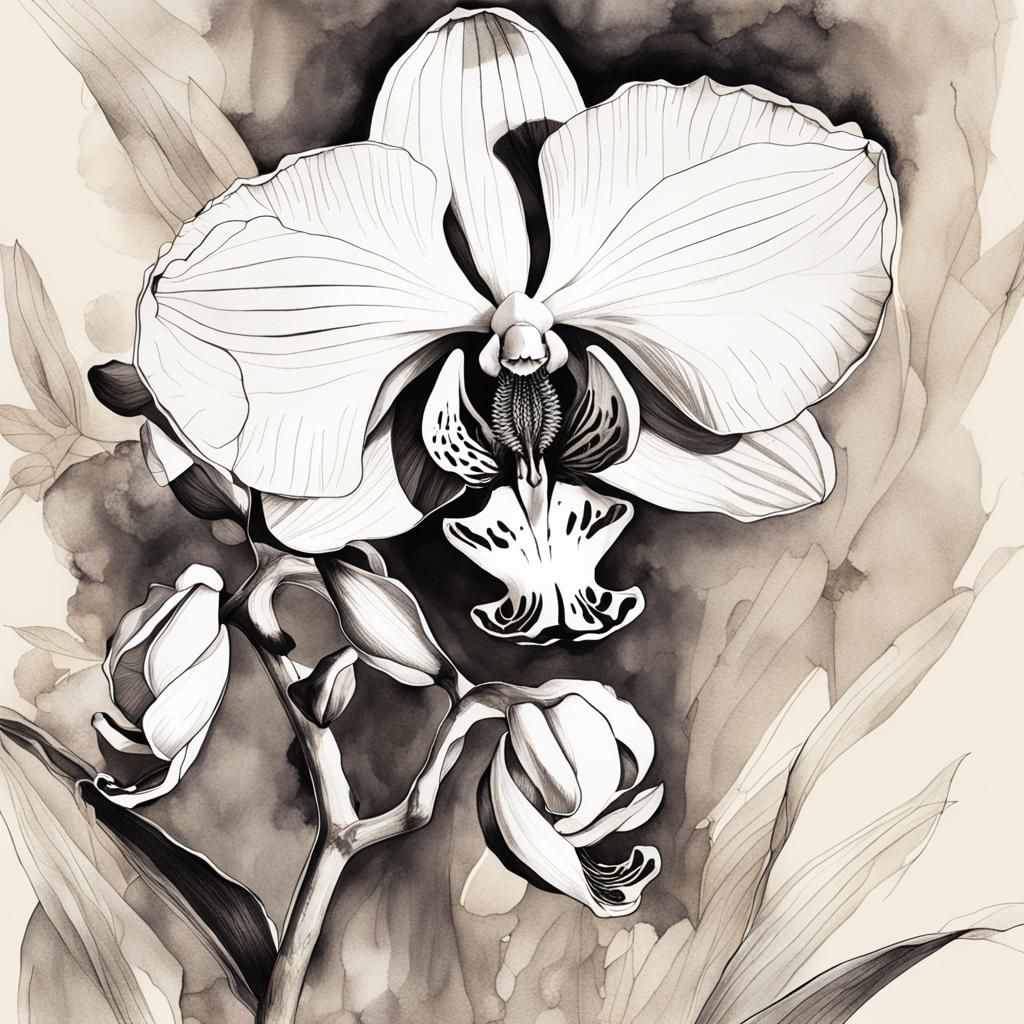 Orchid Botanical Ink Illustration in Digital Art Style
