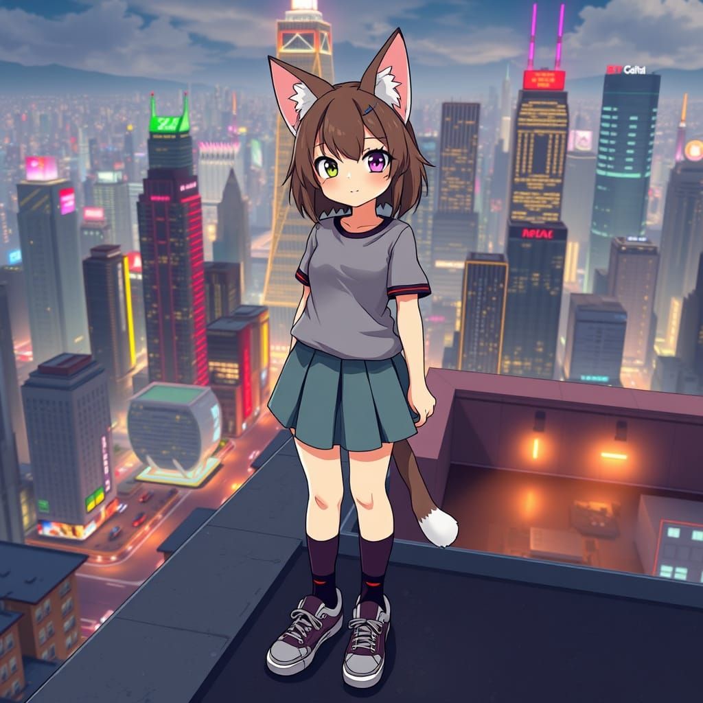 Gentle Anime Neko Girl Surrounded by City Skyscrapers