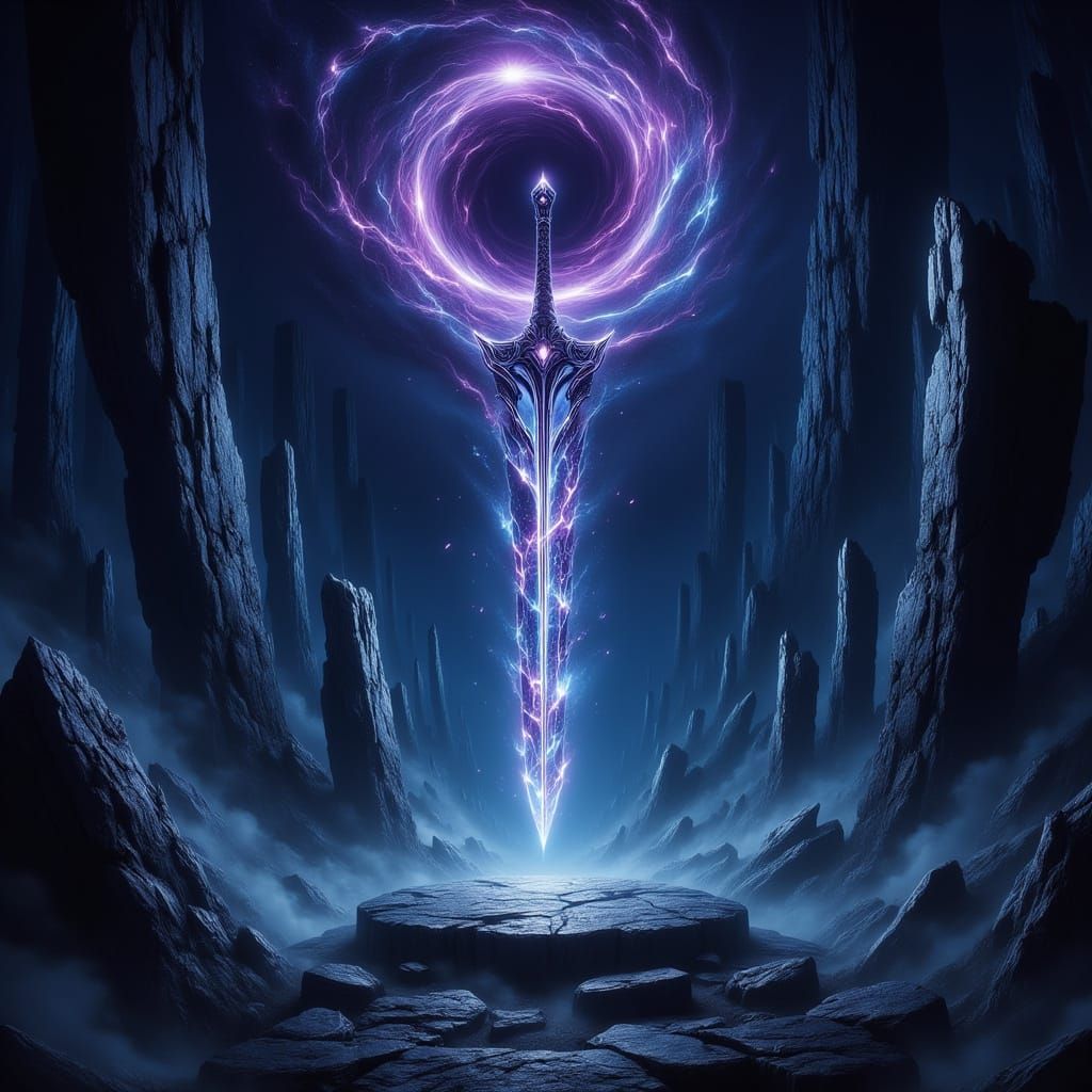 Epic Fantasy Sword in a Dark, Starless Night Sky