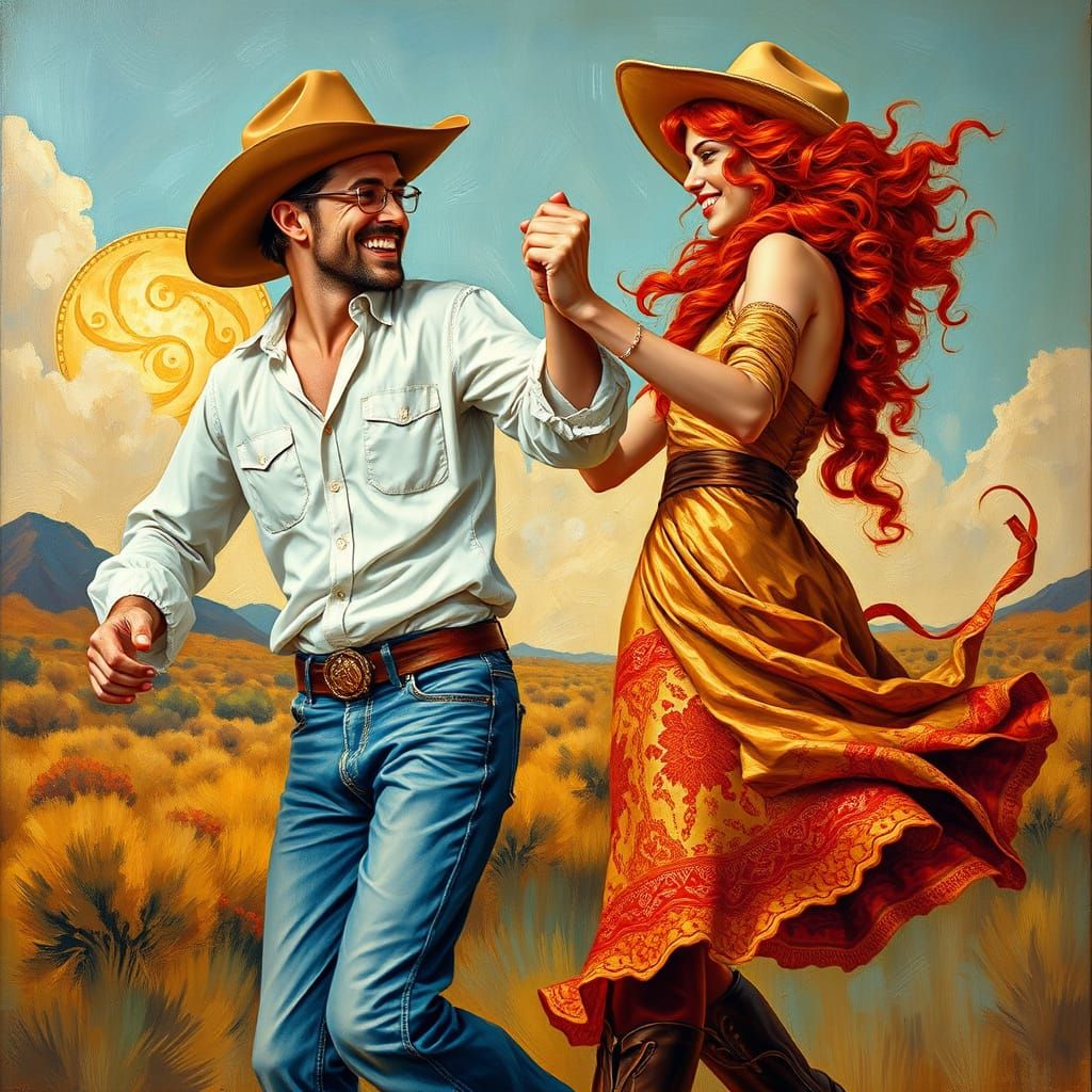 Joyful Cowboy Scientist Dances with Fiery Celtic Woman in Vi...