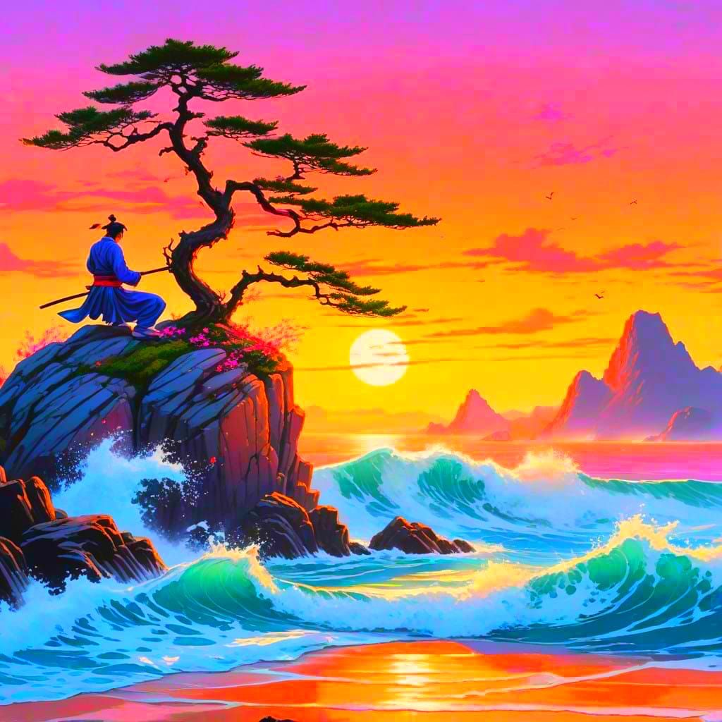 Serene Samurai on Infinity's Edge in Soft Pastel Hues