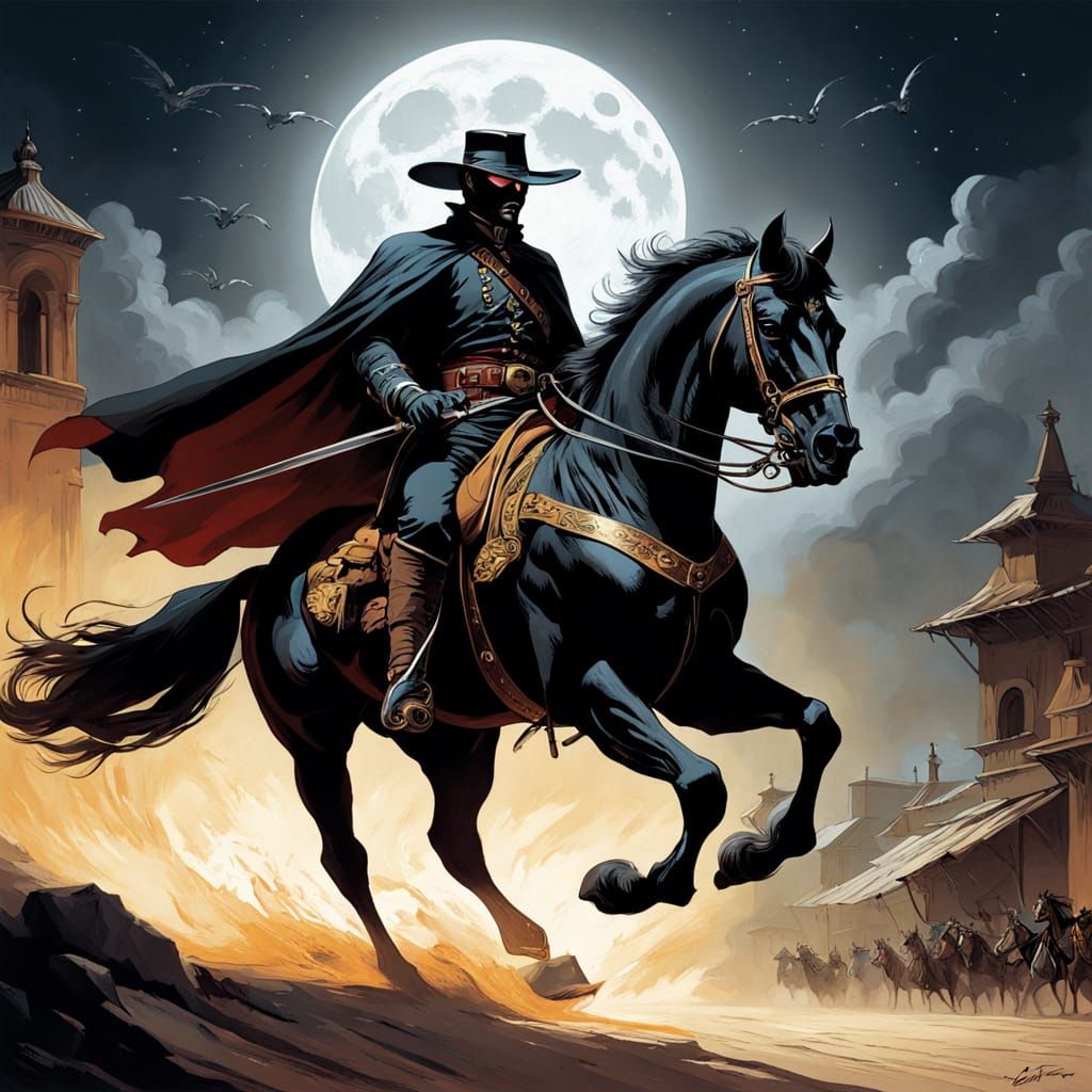 Dashing Zorro Rides into the Moonlit Night, Sword in Hand